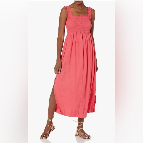 Calvin Klein Sleeveless Sun Dress Sz 8 Smocked Crepe Ruffle Coral Pink - Picture 1 of 5
